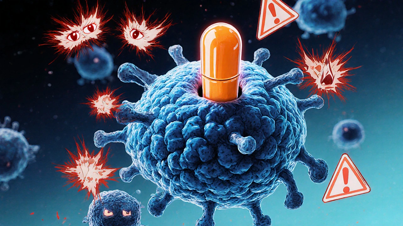 Abacavir molecule binds to HLA‑B*57:01 protein, triggering red warning icons and T‑cells.