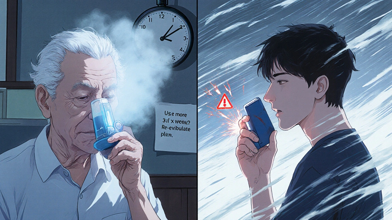 An elderly person using a nebulizer while a younger version struggles with an inhaler in a stormy scene.