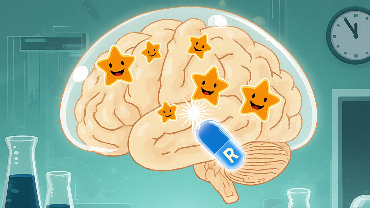 Animated brain with glowing dopamine stars binding to receptors beside a blue pill.