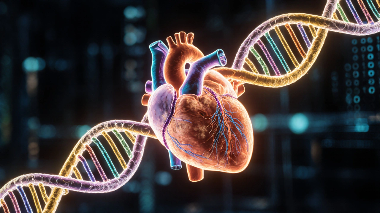 Artistic blend of DNA helix and heart arteries highlighting key risk genes.