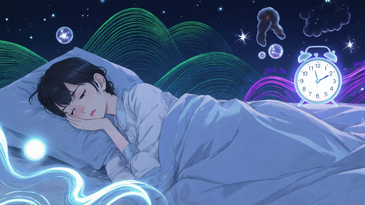 Character asleep with visualized deep sleep waves, early REM swirls, and dream bubbles.