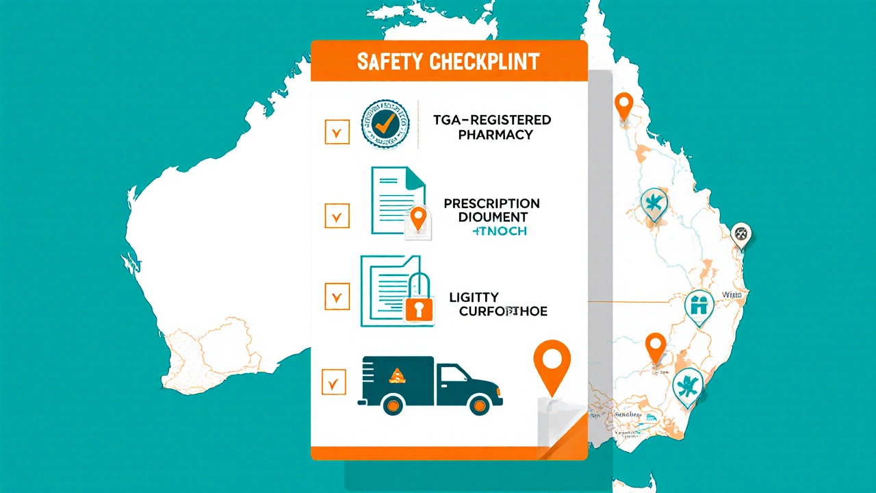 Checklist graphic with icons for TGA registration, prescription, secure payment, shipping, and pricing.