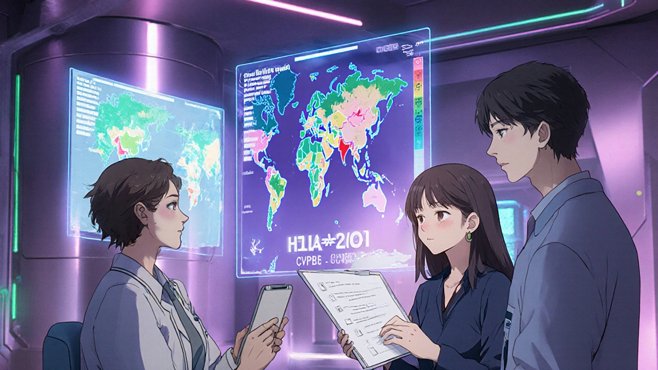 Clinicians and patient view holographic multi‑gene panel in a futuristic lab.