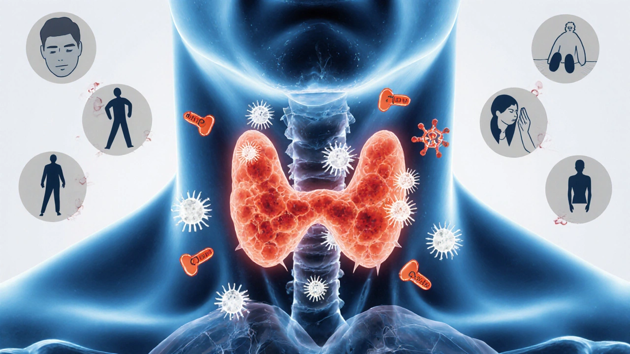 Diagram of thyroid being attacked by antibodies and immune cells, showing inflammation.