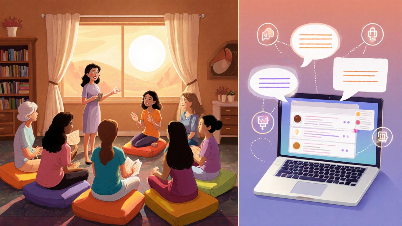 Diverse women sharing in a cozy room, with hints of online chat connections.