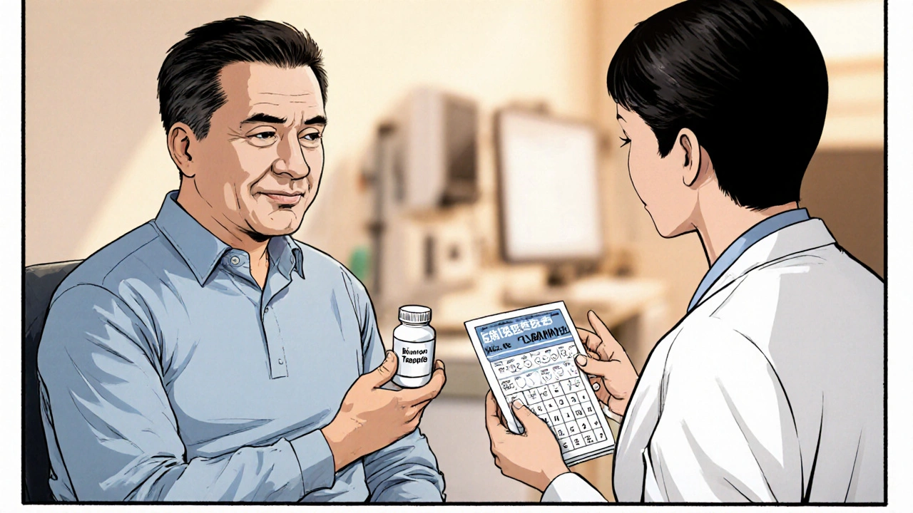 Doctor discussing combined androgen blockade with a male patient, showing bicalutamide pills.