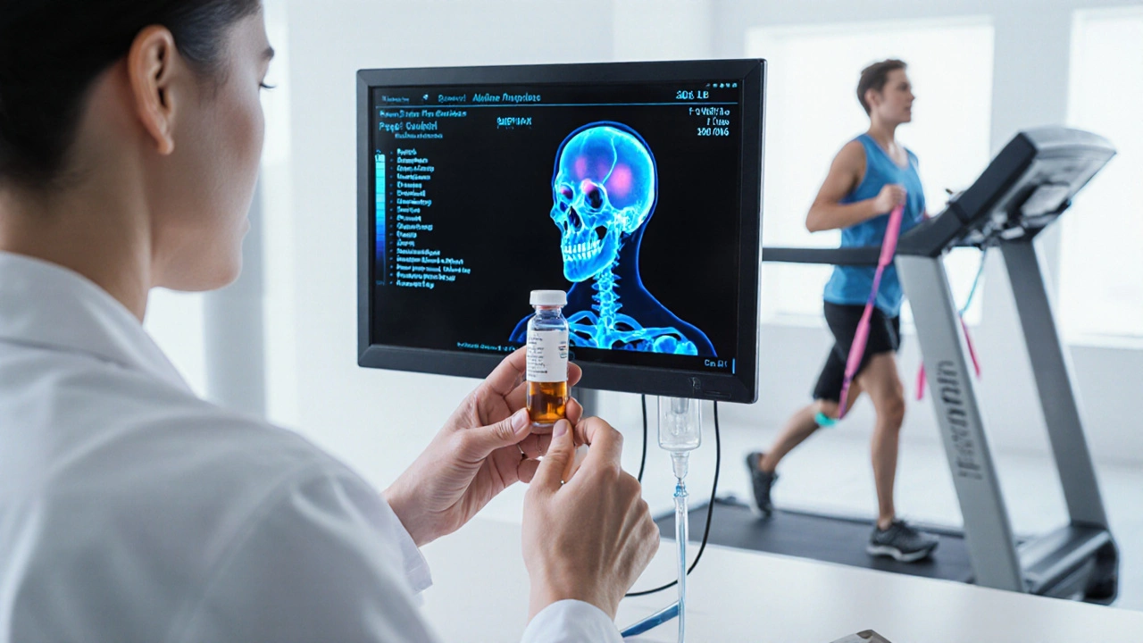 Doctor reviewing blood test while patient receives IV treatment and exercises.
