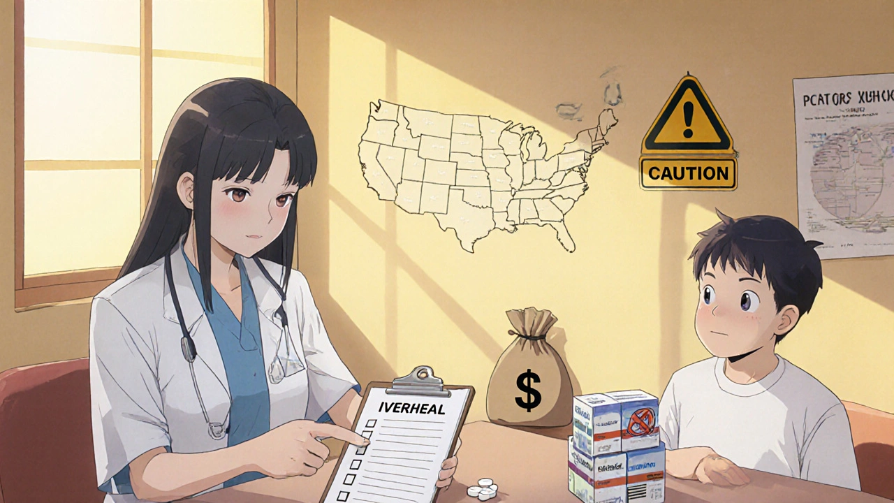 Doctor with checklist discussing Iverheal versus alternatives in a clinic.