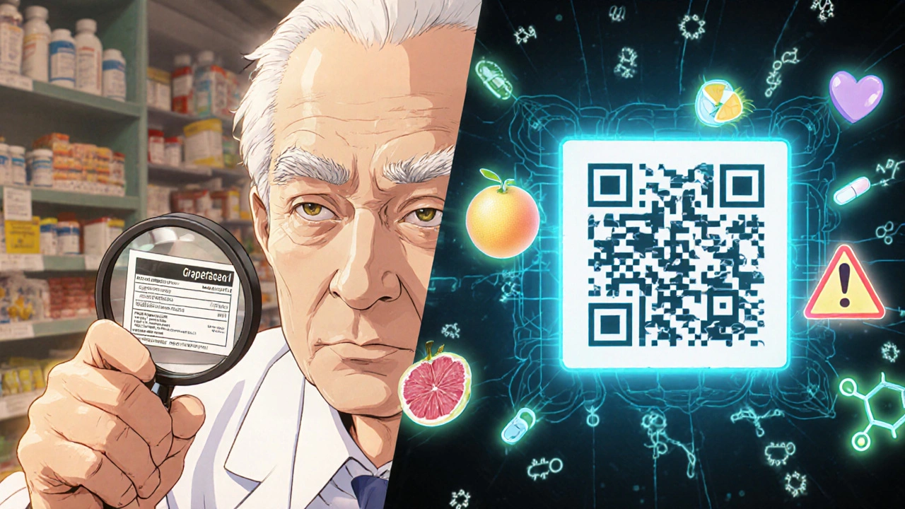 Elderly patient scanning QR code on medicine bottle with digital warning animation.