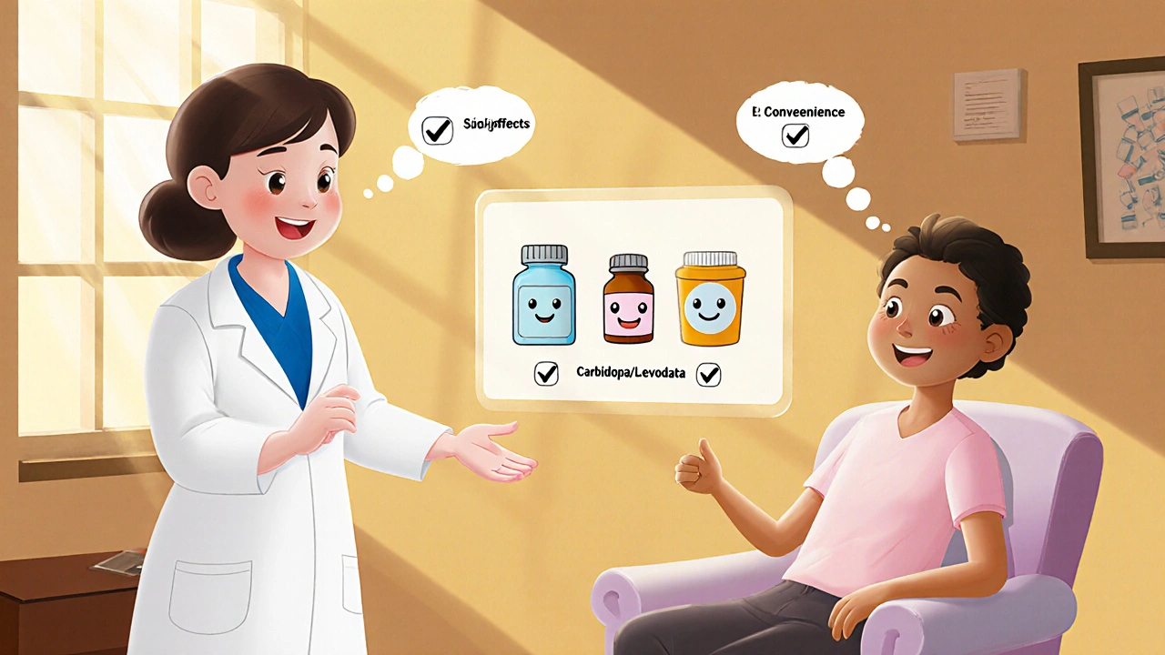Friendly doctor and patient reviewing a floating chart of medication icons.
