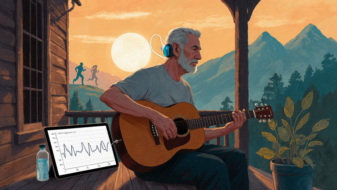 Guitarist on a porch wearing custom earplugs and a hearing aid, surrounded by wellness symbols.