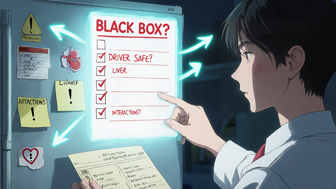 Handwritten medication warning log on fridge with floating safety checklist.