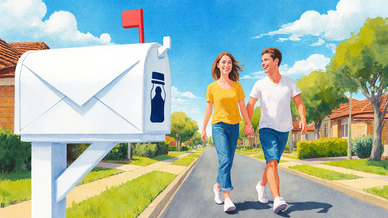 Happy couple walking to a mailbox with a discreet envelope hinting at medication delivery.