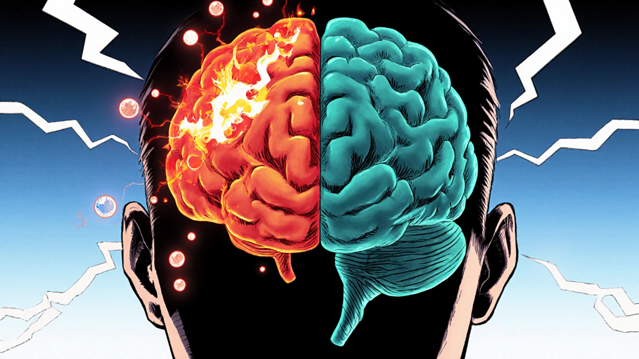 Illustrated brain showing red amygdala activity and dimmed prefrontal cortex.