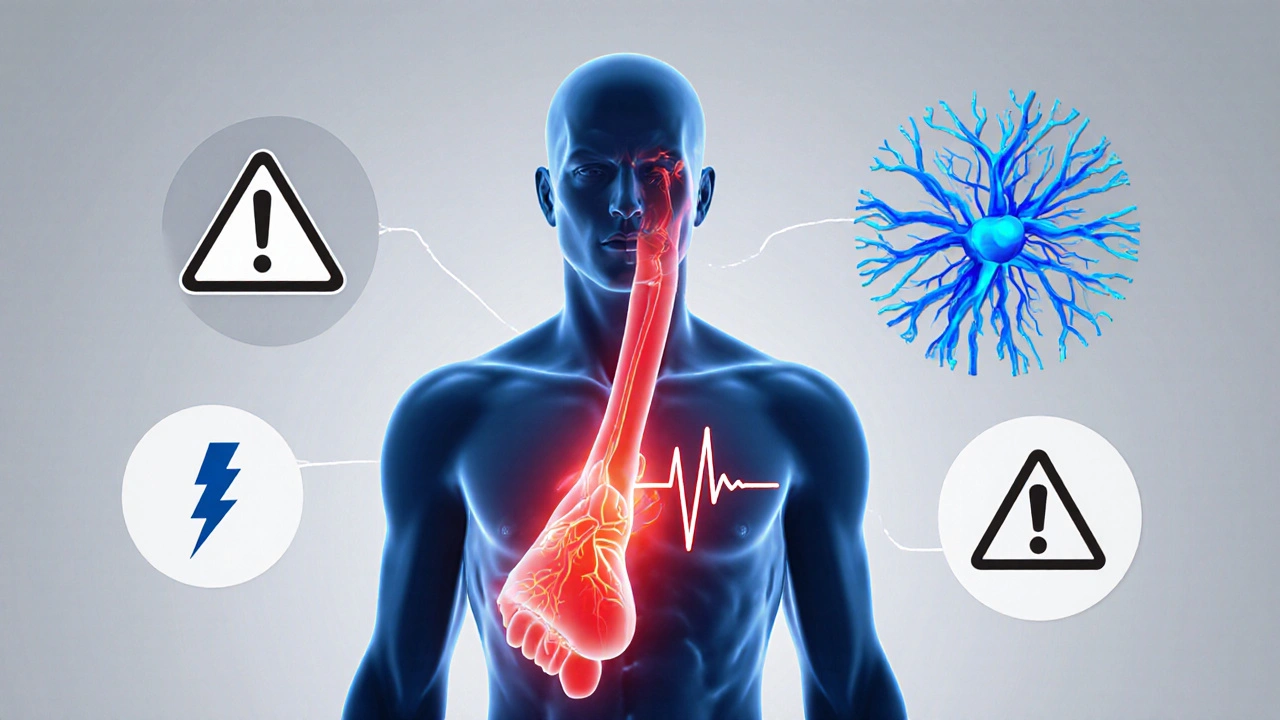 Illustration showing levofloxacin risks: highlighted Achilles tendon, heart QT warning, and nerve neuropathy.