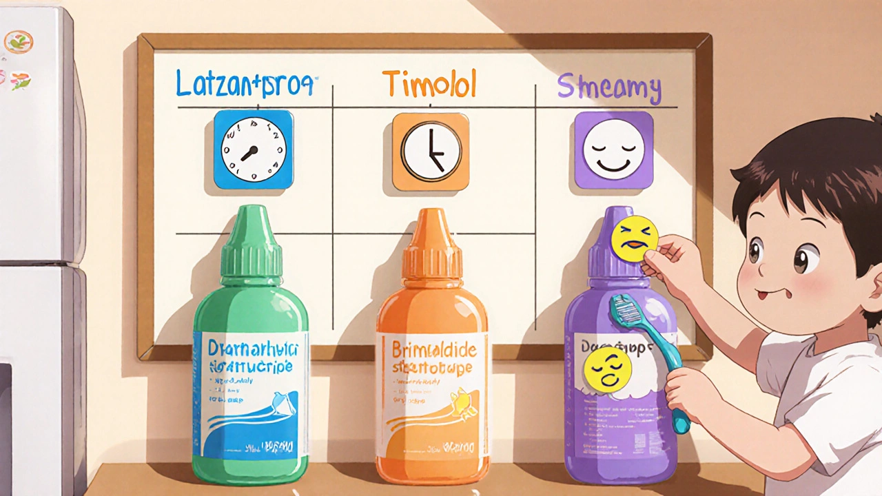 Kitchen fridge chart shows three eye‑drop bottles with icons for dosing and side effects.
