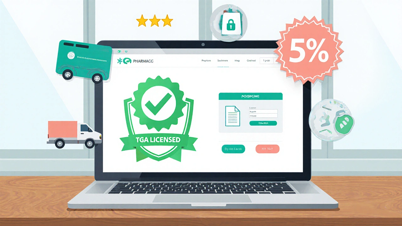 Laptop dashboard with icons for licensing, prescription upload, and secure payment.