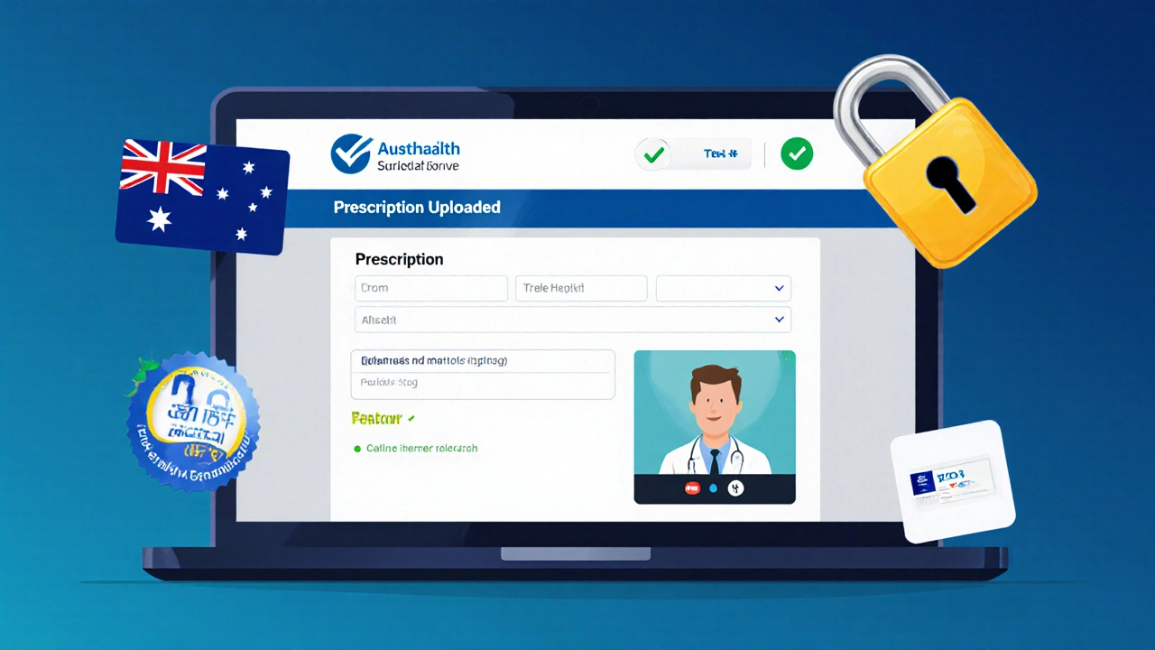 Laptop screen showing a secure online pharmacy portal with padlock and verification icons.
