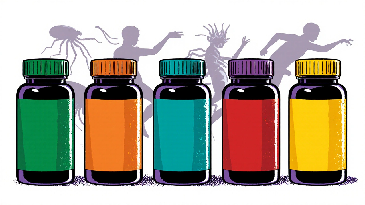 Lineup of antiparasitic drug bottles with corresponding parasite silhouettes.