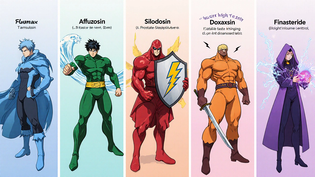 Manhua style panel showing five anime characters representing different BPH drugs.