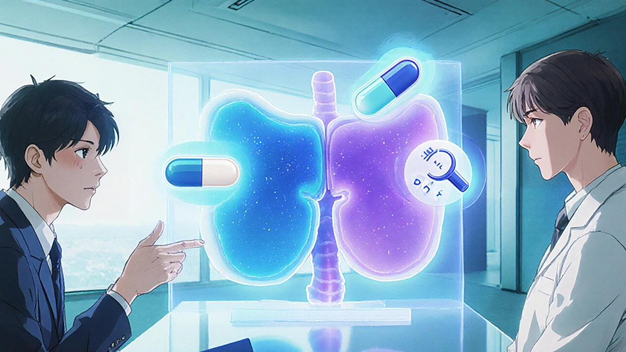 Manhua style urologist displaying a holographic prostate model with medication icons.