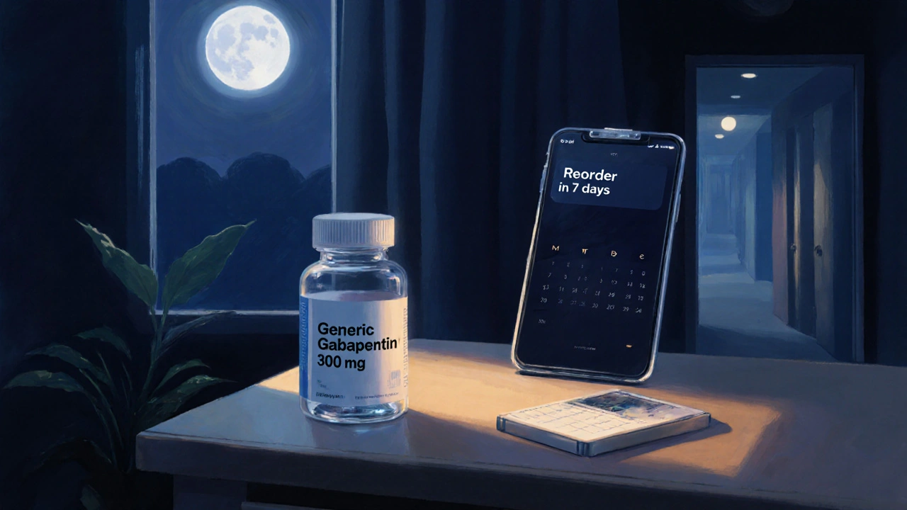 Night‑time bedroom scene showing a gabapentin bottle and calendar reminder for reordering.