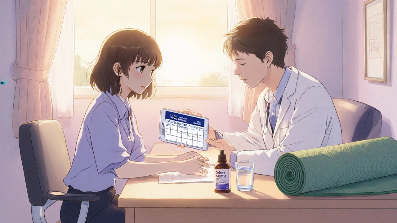 Patient and doctor discuss dose timing; melatonin, yoga mat, and sunrise suggest sleep care.