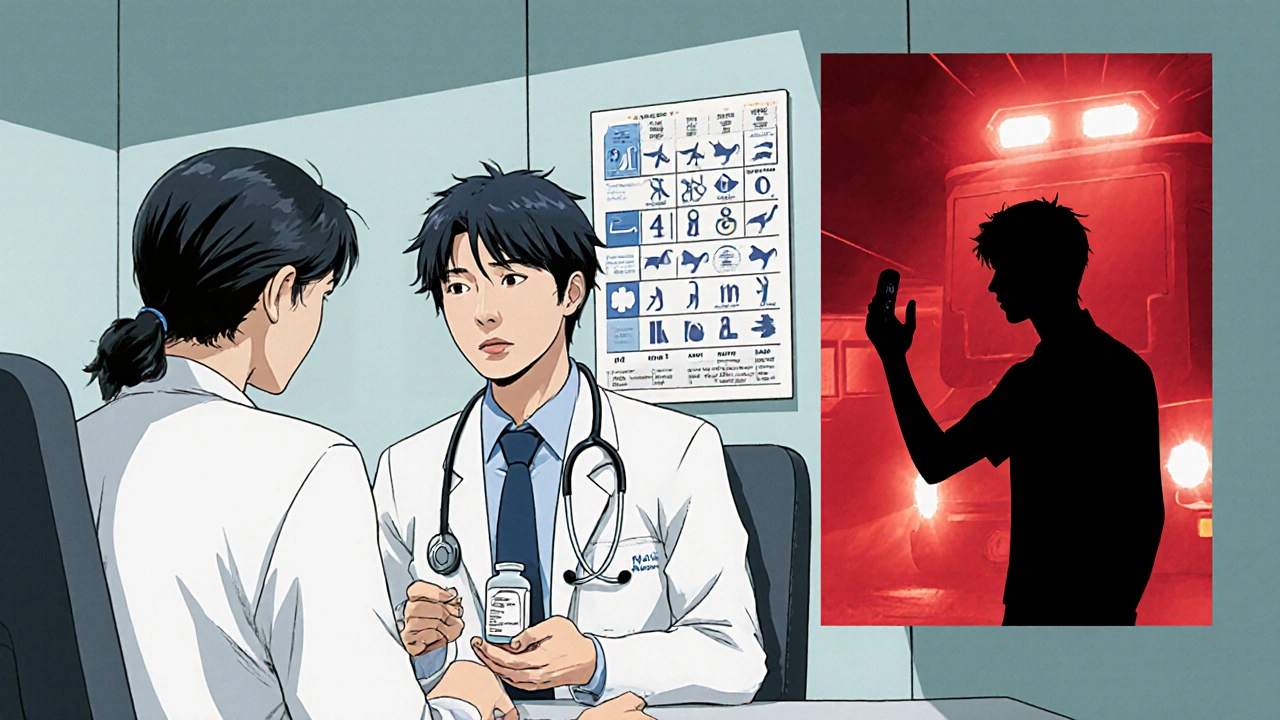 Patient consulting doctor about medication, with an inset of an urgent emergency call scene.