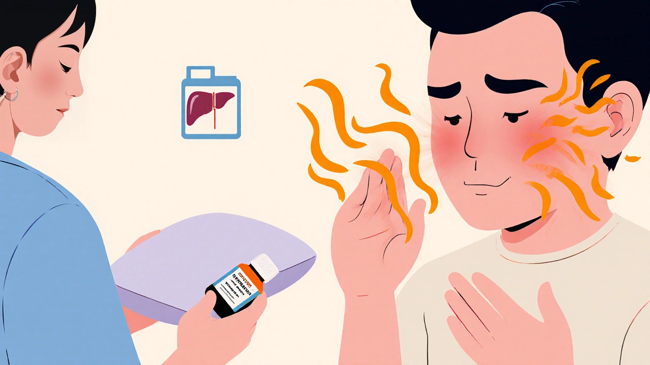 Patient managing hot flashes and gynecomastia with cooling pillow and tamoxifen, liver test monitoring.