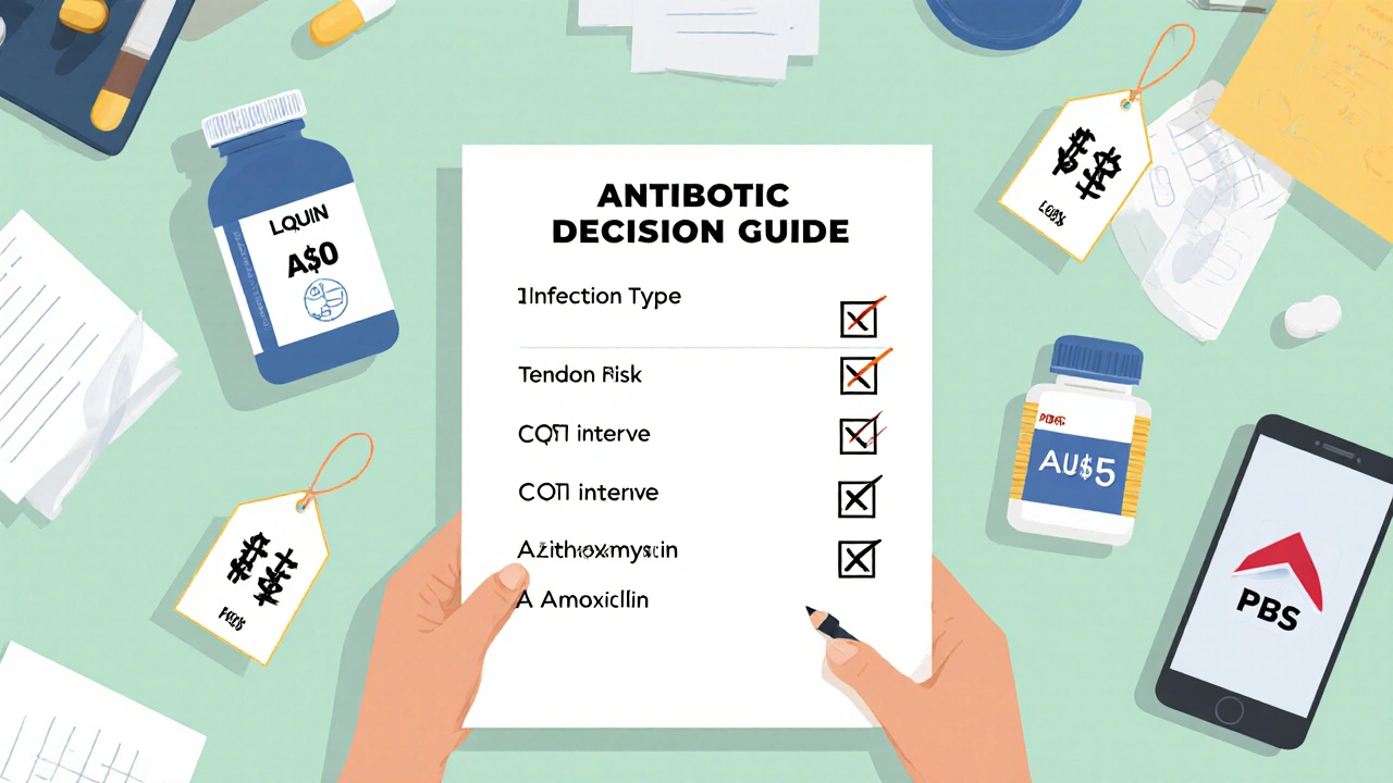 Patient reviewing antibiotic checklist with price tags for Lquin, azithromycin, and amoxicillin.
