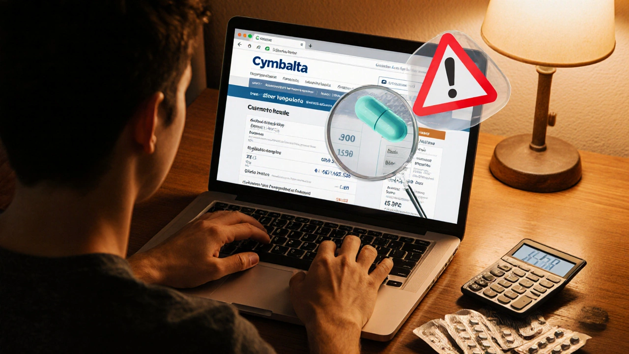 Person comparing generic Cymbalta prices at a desk with pills, calculator and warning triangle.