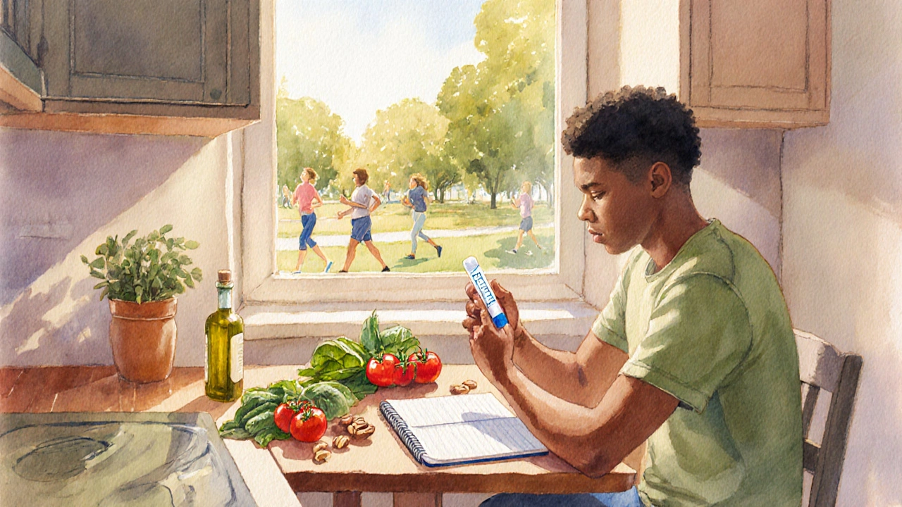 Person in kitchen reviewing a DNA test kit with healthy foods and a sunny view.