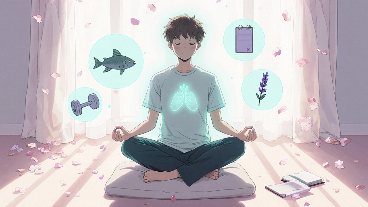 Person seated calmly, breathing with floating icons of fish, dumbbell, and notebook.