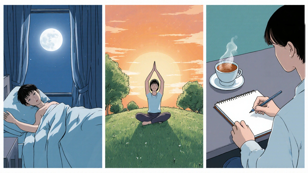 Person sleeping, doing yoga, and journaling, illustrating healthy coping routines.