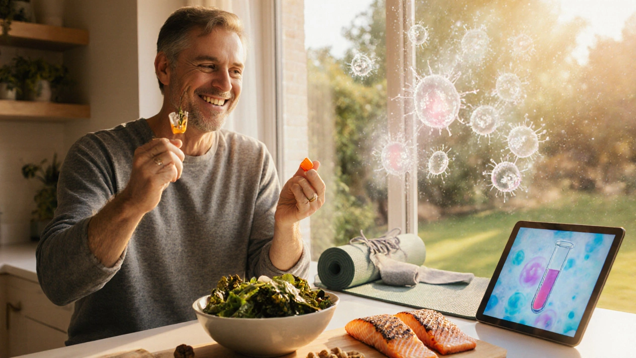 Person taking thyroid medication, eating iodine‑rich foods, and practicing healthy habits.
