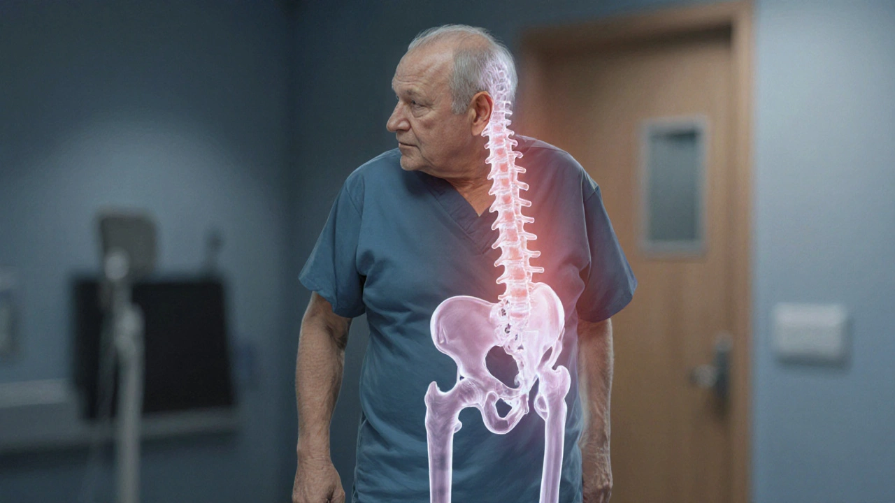 Person with bowed leg, hip misalignment and narrowed ear canal illustrating complications.