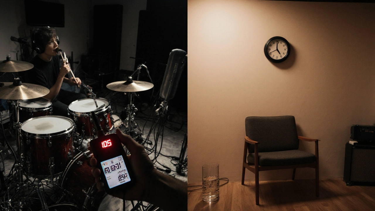 Rehearsal studio with musicians using IEMs and an SPL meter, contrasted with a quiet break area.