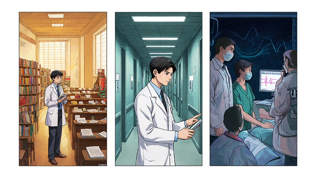Storyboard of a student progressing from class to operating room to neuro ICU in manga panels.