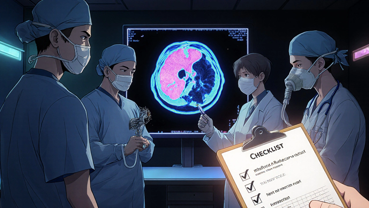 Team of specialists discussing a CT scan of an aneurysm in a dimly lit neuro‑ICU, manga style.