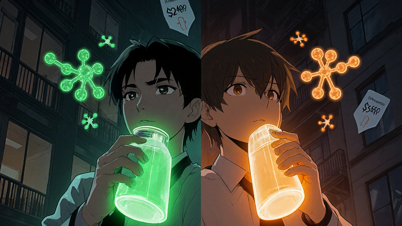 Two inhalers side by side with molecular structures showing differences between levosalbutamol and albuterol.