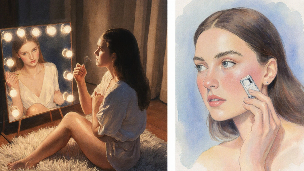 Woman applying a pea‑sized dot of A‑Ret Gel at night, then sunscreen in the morning, in a soft watercolor style.