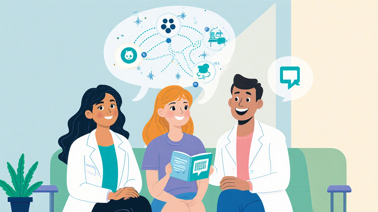 Woman with doctor and peer mentor, surrounded by symbolic support icons.