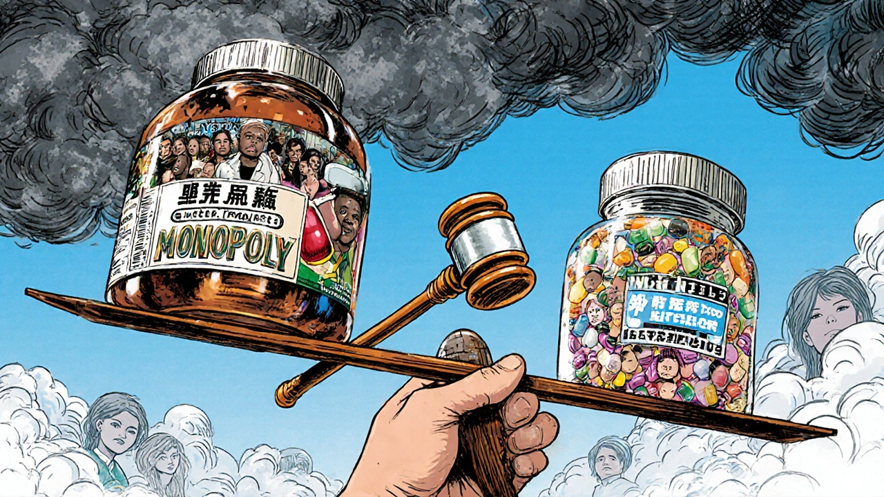 A giant scale balances expensive branded drugs against generic pills, symbolizing global healthcare equity.