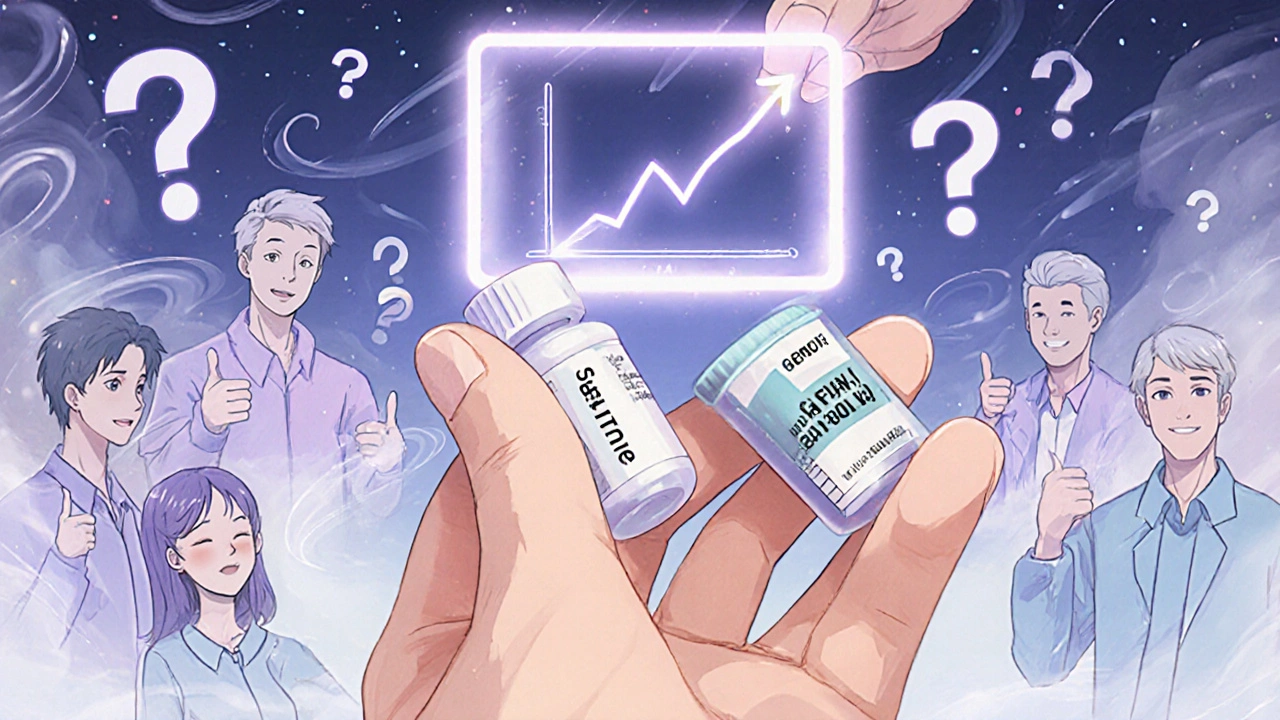 A hand holding brand-name and generic pills side-by-side, with supportive figures and an FDA bioequivalence graph glowing in the background.
