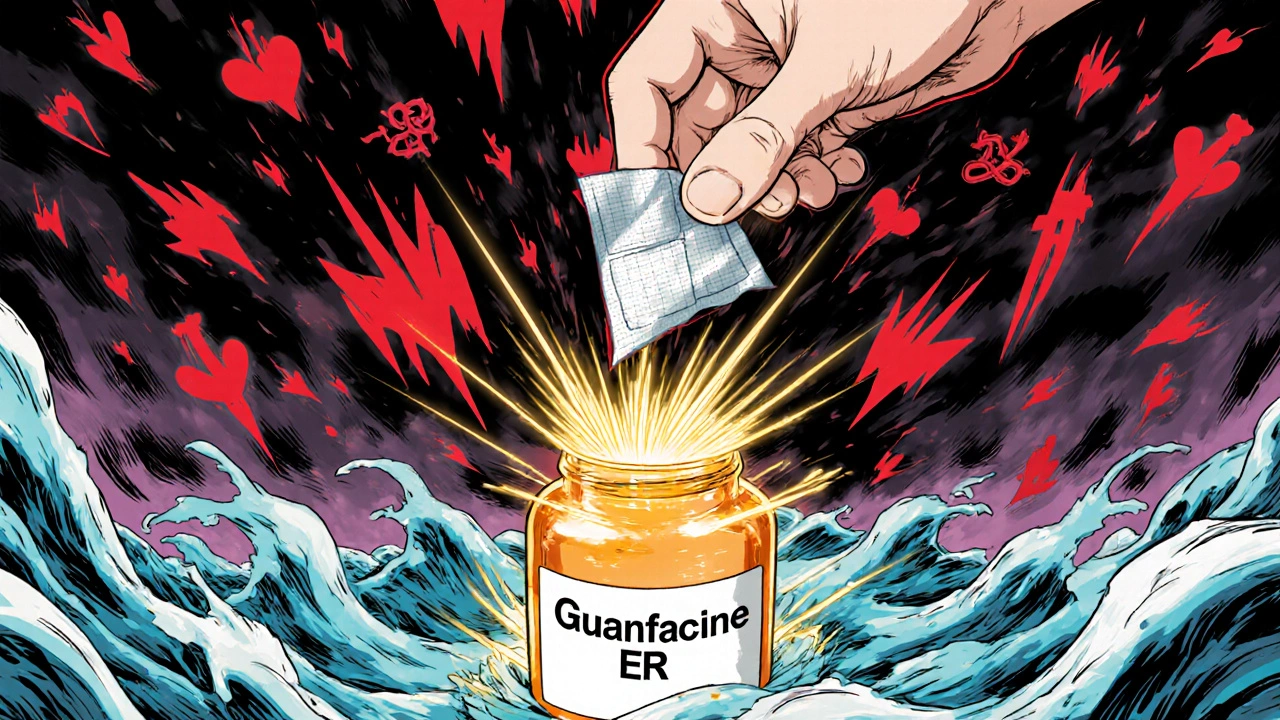 A hand peeling off a Clonidine patch as golden energy transforms into a new medication bottle, storm symbols dissolving into calm waves.