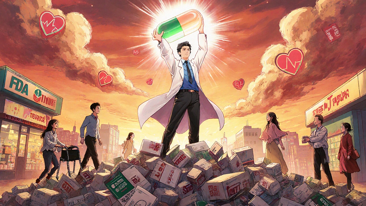 A heroic FDA figure stands atop discarded brand-name drugs, shining light over a healthier city.