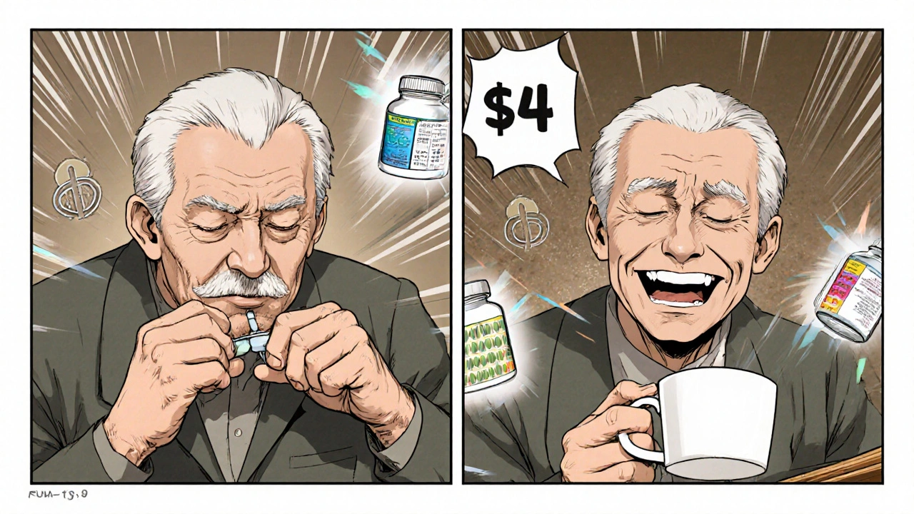 A man compares cutting a brand-name pill in half versus taking a generic pill, with price tags floating nearby.