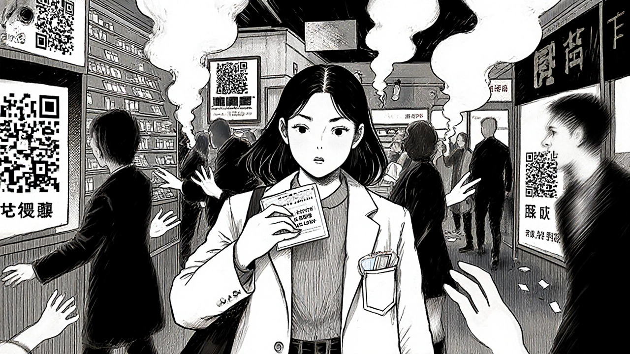 A teenager walks away from a pharmacy with a pregnancy test, hands reaching out behind her.