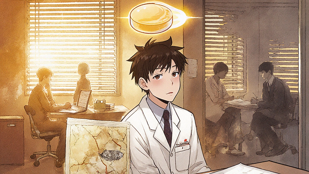 A teenager with a glowing guanfacine tablet above their head, contrasting with a broken Clonidine patch on the floor.