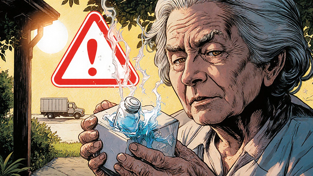 An elderly woman holding a melted insulin vial, distressed, with a damaged delivery box on her porch in summer heat.